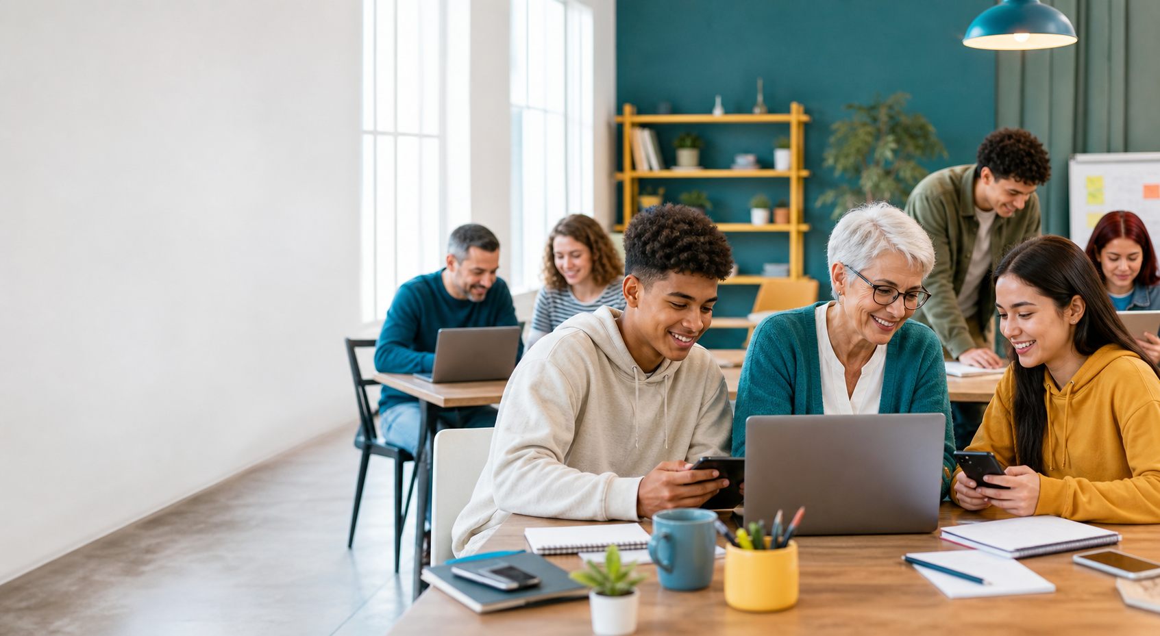 Pessoas de diferentes idades aprendendo a usar internet, celular e computador